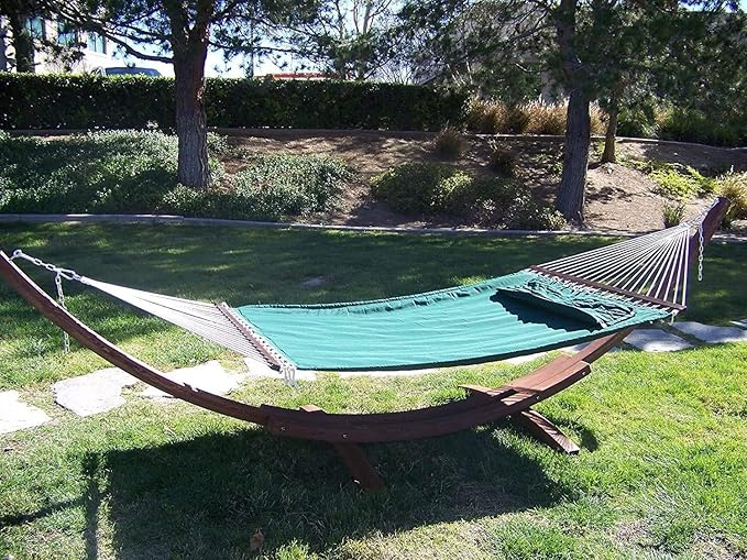 14 Ft. Wooden Arc Hammock Stand + Deluxe Quilted Double Padded Hammock Bed w/Pillow. 2 Person Bed. 450 LB Capacity(Coffee Stain/Elegant Hunter Green)