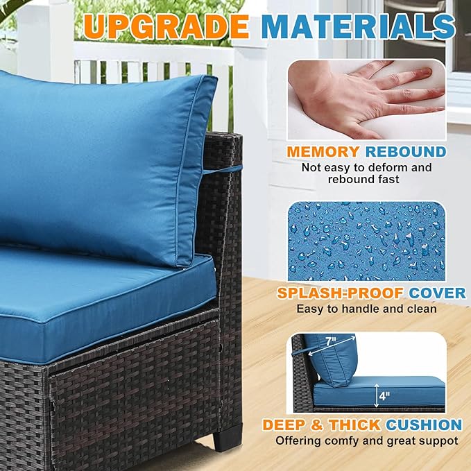 5 Pieces Patio Furniture Set,Wicker PE Rattan Outdoor Sectional with Cushion & Coffee Table, Patio Conversation Sofa for Garden, Backyard, Poolside, Peacock Blue