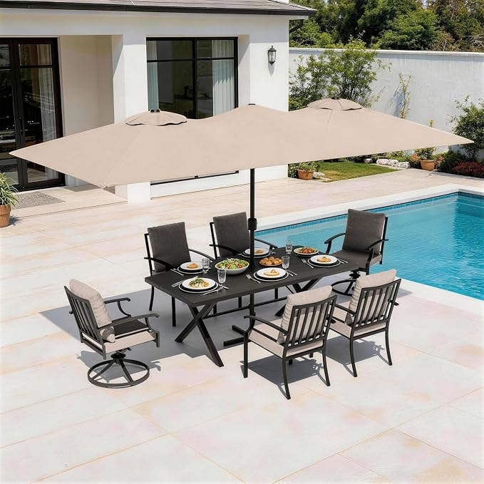 8 Pieces Patio Dining Set with Brown Umbrella,Outdoor Furniture Set Includes Hole Cut-Out Table and 4 Metal Backrest Chairs and 2 Swivel Chairs for Backyard,Garden,Poolside,Brown