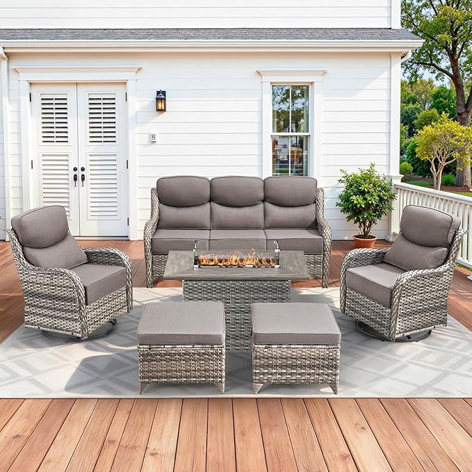 Luxury Patio Furniture Set with 42.5" Fire Pit Table, 6 Pieces High Back All Weather Wicker Outdoor Furniture w/ 6-Inch Thick Cushions, Patio Swivel Chairs Couch for Deck Balcony Backyard Grey