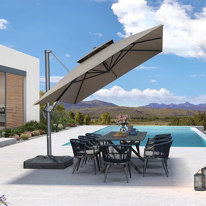 PURPLE LEAF 10' X 13' Double Top Cantilever Patio Umbrella Deluxe Large Outdoor Umbrella Rectangle Offset Umbrella with Fade Resistance for Garden Deck Pool Patio, Ash Mocha
