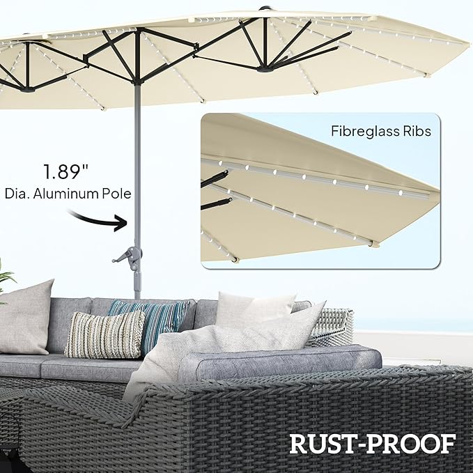 Outsunny 15ft Extra Large Patio Umbrella with Bright Solar Lights, Aluminum UPF50+ Double-Sided Outdoor Table Market Umbrella with Fiberglass Ribs Crank Air Vents for Backyard Deck Pool