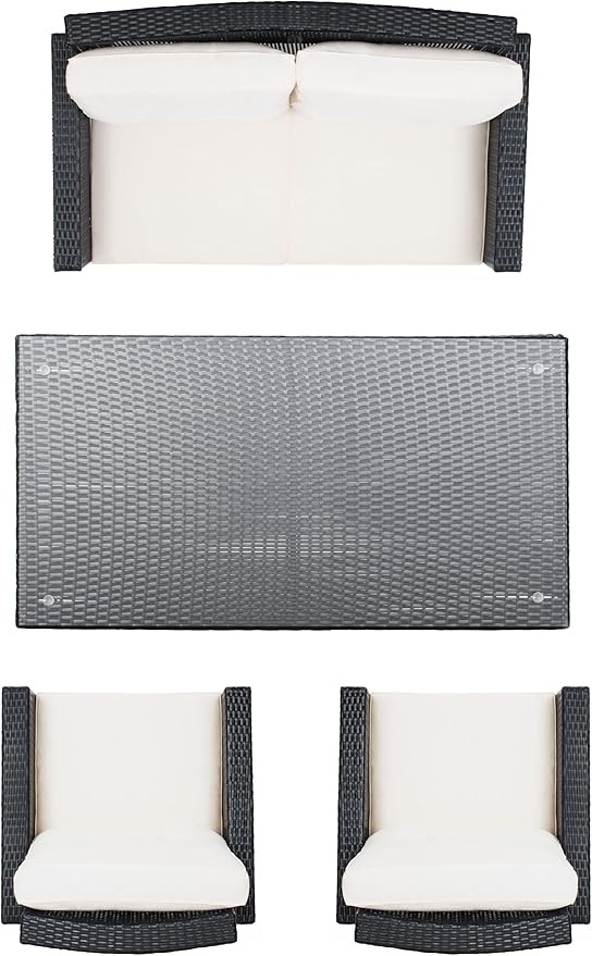 SAFAVIEH Outdoor Collection Lorma Black/Beige Wicker 4-Piece Conversation Patio Set