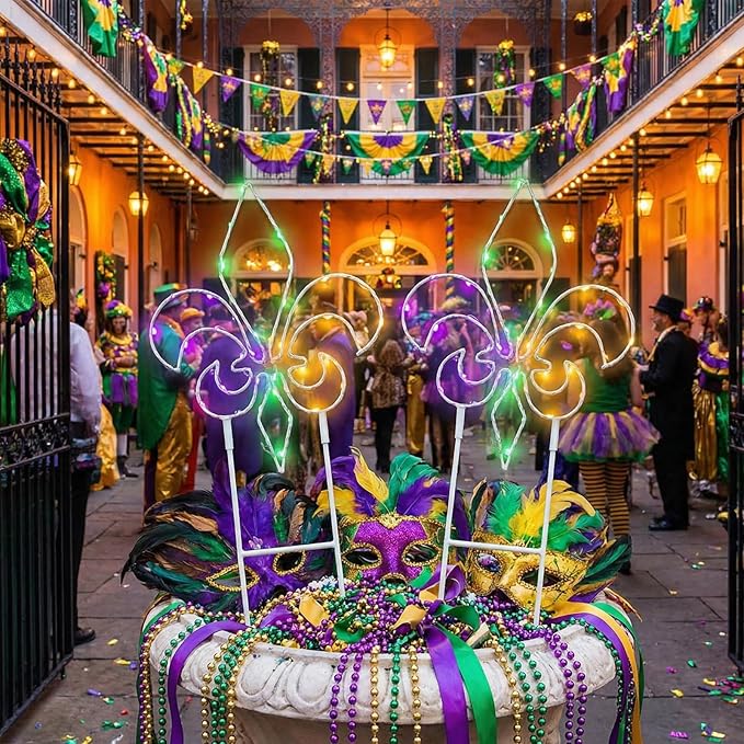 Retisee 3 Pack Mardi Gras Solar Outdoor Lights- Purple Green Gold Yard Stakes Lights, Fleur De Lis Metal Wire Decorative Solar Lamps,for Patio Lawn Yard Pathway Party Outdoor Decor, 6–8 Hour Runtime