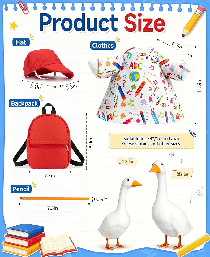 Back to School Porch Goose Outfits, First Day of School Lawn Goose Outfit Set with Dress Hat Schoolbag Pencil Goose Costume for School Classroom Outdoor Porch Garden Patio Yard Lawn Decor