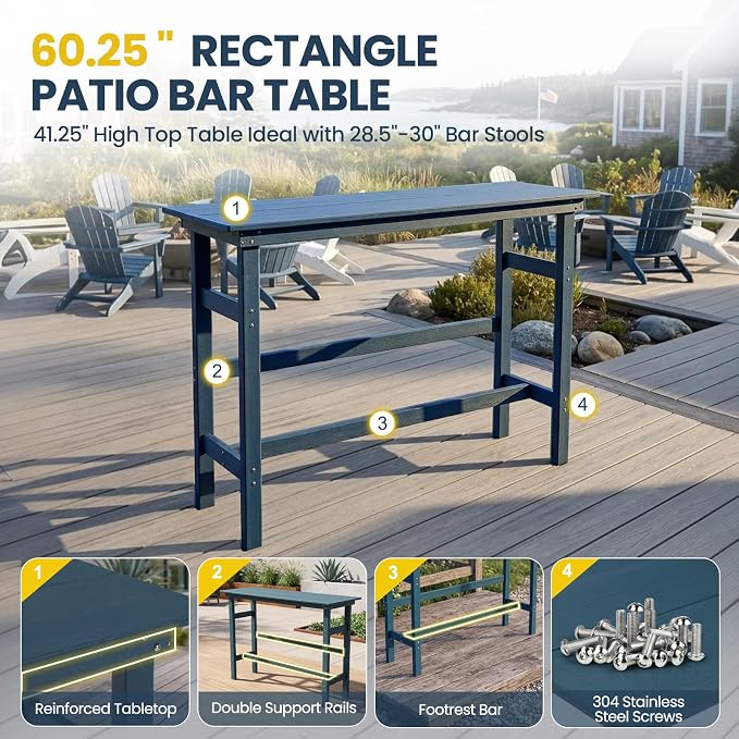 41.25" Outdoor Bar Table & Pub Table, Heavy Duty HDPE Console Table, Weather-Resistant Patio Console Tables, Modern Bar Height Table for Garden/Backyard/Deck/Pool/Outdoor Furniture, Blue