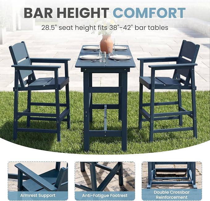 HDPE Outdoor Bar Chairs Set of 2, 28.5" Seat Height Bar Height Patio Stools with Armrest & Back, Heavy Duty All Weather High Top Chairs for Porch/Poolside/Deck, 400lb Capacity, Blue