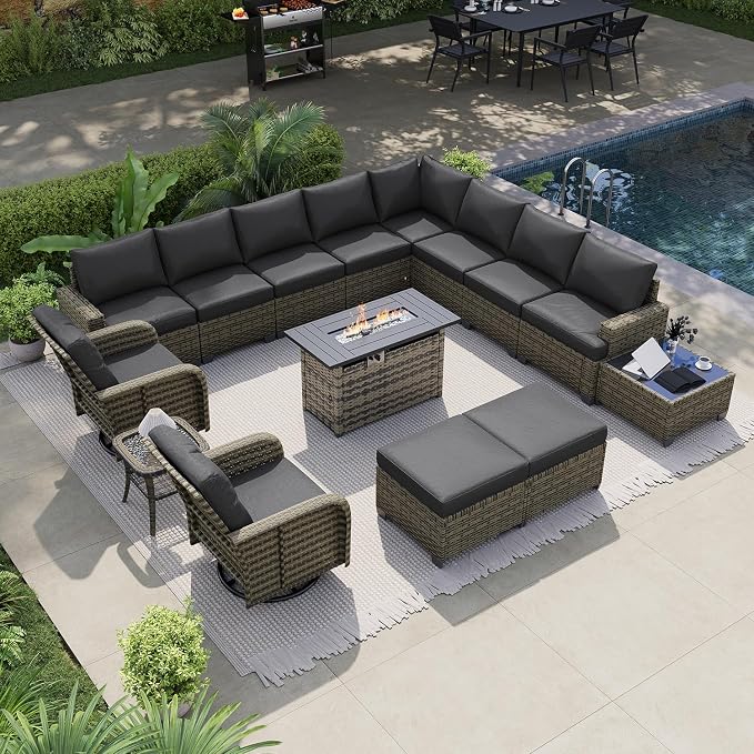 LET'S PATIO Luxury Patio Furniture Set with Fire Pit Table, 15 Piece Outdoor Furniture Set with Swivel Rocker Chairs & Ottomans, All-Weather Patio Sectional Sofas with Thickened Cushions, Black