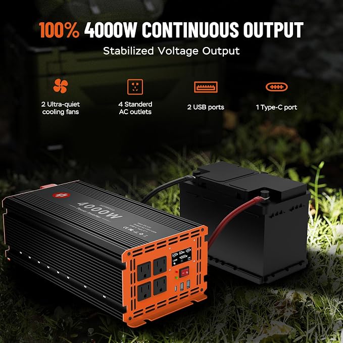 4000 Watt Power Inverter 12V DC to 110V/120V AC Converter Peak Power 8000W Car Inverter with LCD Display 4 AC Outlets, 2 USB & Type-C Port for RV,Truck,Off-Grid Solar System with Remote Controller