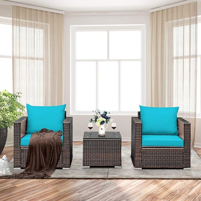 Tangkula 3 Pieces Patio Furniture Set, Outdoor Conversation Rattan Furniture Set w/Washable Cushion and Tempered Glass Tabletop, PE Rattan Wicker Sofa Set for Garden Poolside Balcony