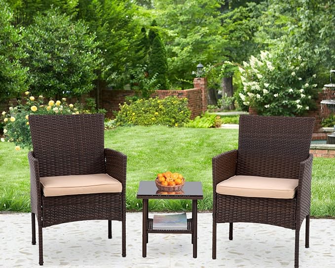PayLessHere 3 Piece Furniture Patio Chairs Wicker Outdoor Rattan Conversation Bistro Set for Backyard Porch Poolside Lawn (Brown)