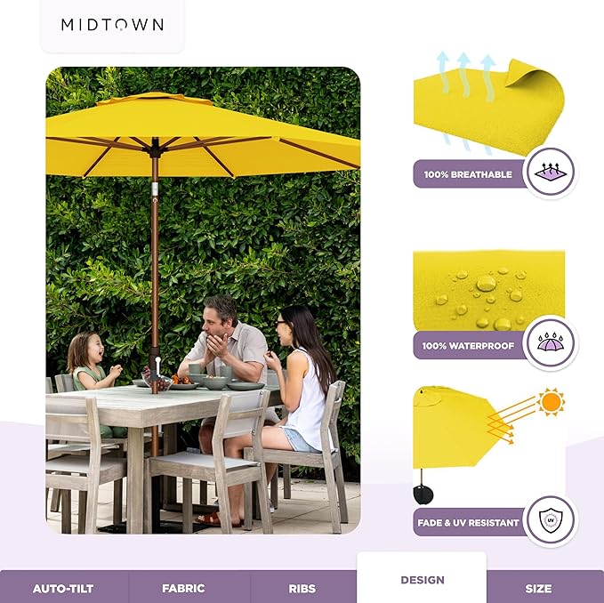 Midtown Umbrellas Wooden 2-10 Ft Patio Umbrella with 360° Swivel & Tilt Mechanism, 8 Fiberglass Ribs & Terylast Polyester Fabric for Deck, Pool, Garden & Porch - Sunflower Canopy, Wooden Pole