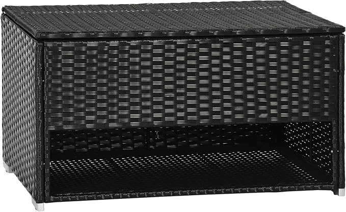 Outdoor Deck Box Shoe Storage, PE Rattan Wicker Towel Rack with Liner for Indoor, Outdoor, Patio Furniture Cushions, Pool, Toys, Garden Tools, Black
