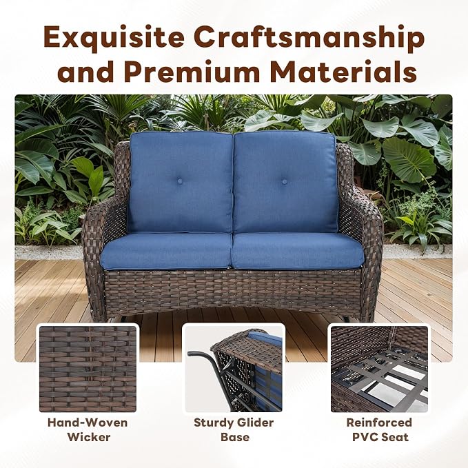 Belord 5 Piece Outdoor Wicker Furniture, Patio Swivel Rocking Chairs with Loveseat and 3 Seat Sofa,All Weather Patio Conversation Furniture Set, for Backyard Poolside Brown Wicker/Blue
