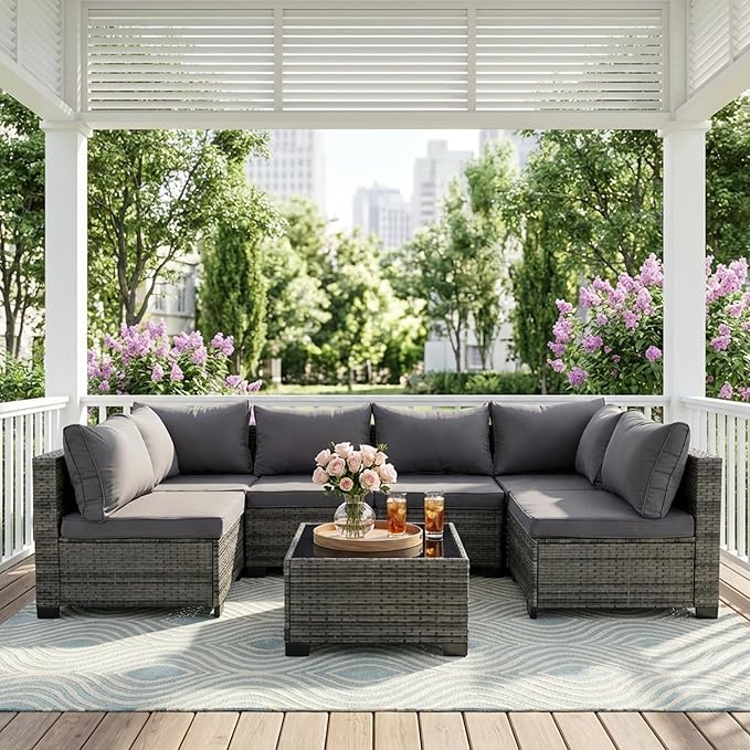 7-Piece Outdoor Wicker Furniture Set, PE Rattan Sectional Sofa with Coffee Table, All-Weather Patio Conversation Set with Thick Cushions for Backyard (Gray)