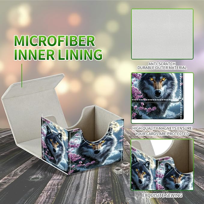 Card Deck Box for MTG, Cards Storage Box Fits 120+ Sleeved, Leather Small Size Strong Magnetic Closing Card Case for Board Games Magic TCG CCG Baseball Collection, Cherry Blossom Gray Wolf