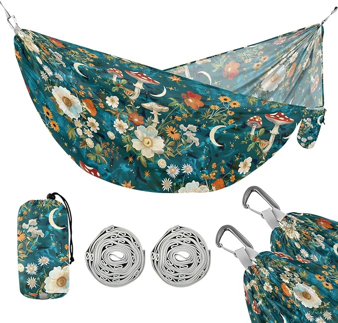 Camping Hammock Outdoor Hammocks for Outside Flowers Mushrooms Beach Trees Portable Lightweight with Pockets Tree Straps Indoor