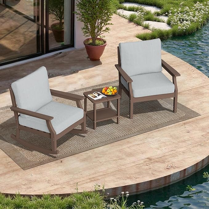 HDPE Patio Conversation Set, 3-Piece All Weather Outdoor Furniture Set with 1 Single Sofa，1 Rocking Sofa for Deck, Lawn, with Cushion, Brown