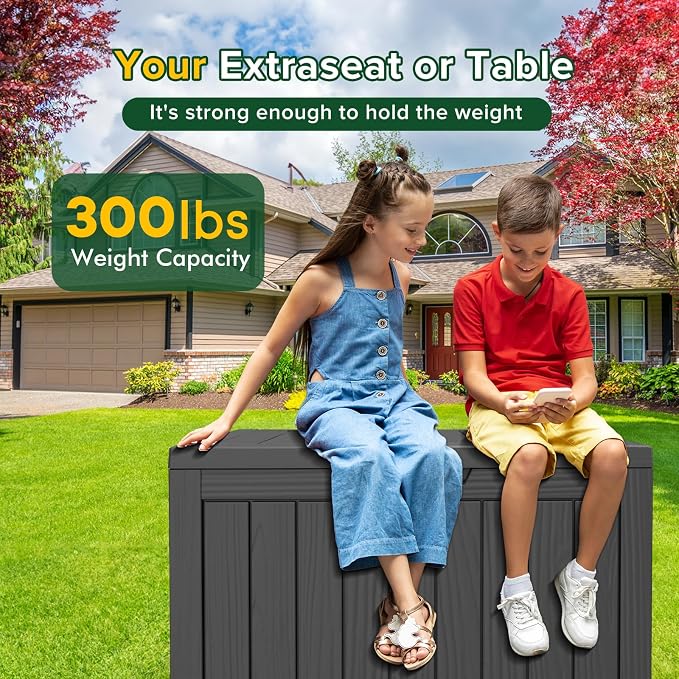 Resin Deck Box, Lockable Patio Outdoor Storage Box for Furniture, Garden Tools and Tools Storage, Waterproof Outside Storage Boxes (Black, 45 Gallon)