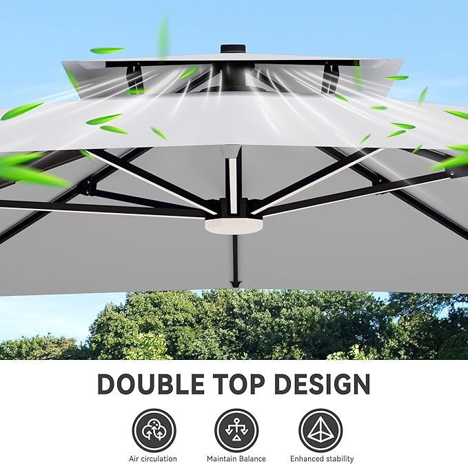 10x13 FT Cantilever Patio Umbrella with Base and Led Lights Double Top Outdoor Rectangular Large Heavy Duty Aluminum Offset Umbrellas with 7 Level Tilt 360-degree Rotation for Pool Garden Deck, Fog Grey