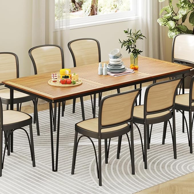 HAPPYGRILL Patio Dining Table for 8, 79" Rectangle Table with Acacia Wood Tabletop & Heavy Duty Metal Frame, Outdoor Dining Table with 2" Umbrella Hole for Backyard, Lawn & Garden