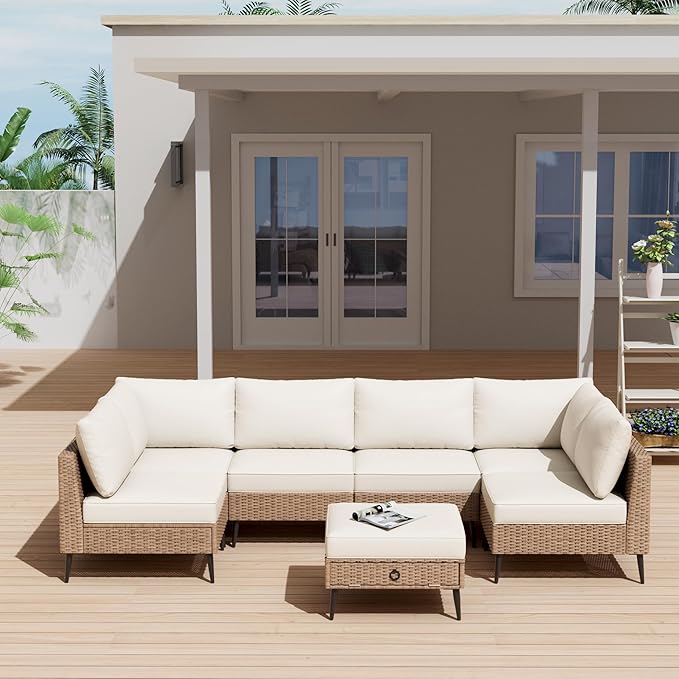 LVUYOYO 7 Pieces Outdoor Patio Furniture Set, Wicker Sectional Sofa Set for All-Weather, Rattan Conversation Sets with Cushions and Storage for Deck, Backyard, Porch (Khaki)