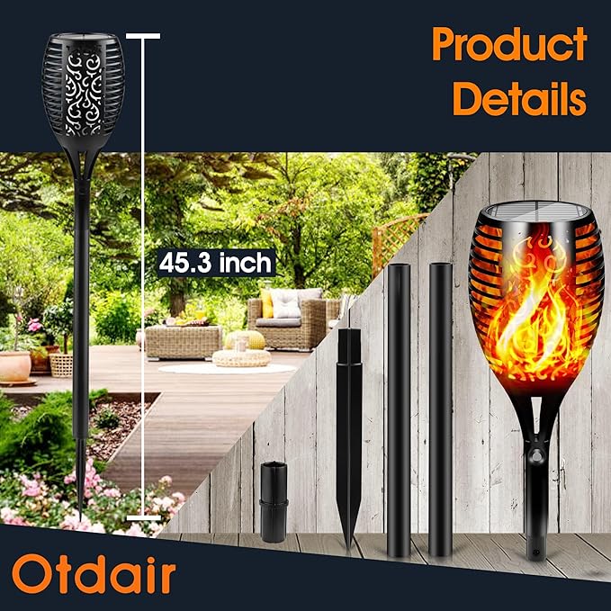 Otdair 96 LED Solar Lights Outdoor Upgraded 4 Pack, 2200mAh Solar Tiki Torches with Flickering Flame, Waterproof 43" Tall & Super Larger Size Solar Torch Light for Garden, Yard, Patio, Decorations