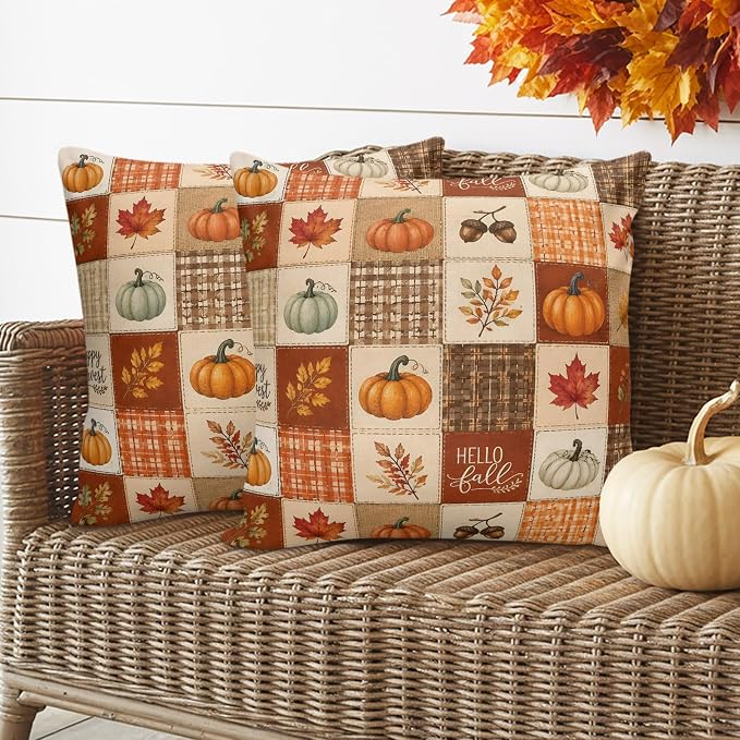 Thanksgiving Checked Throw Pillow Covers 18x18 Inch Set of 2, Fall Waterproof Outdoor Pillow Covers, Pumpkins Maple Orange Checker Decorative Cushion Pillowcases for Couch, Sofa, Bed, Garden, Patio