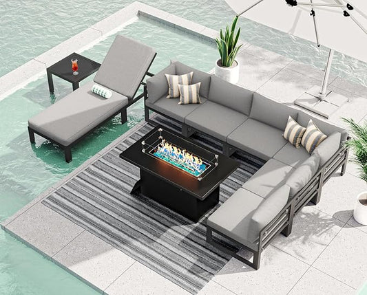 RADIATA 9 Piece Large Contemporary Aluminum Outdoor Furniture Set with Sun Bed & Fire Pit Table, 29 inch Deep Couch Set, 500 lbs High Weight Capacity, Patio Sectional Sofa for Poolside, Light Gray