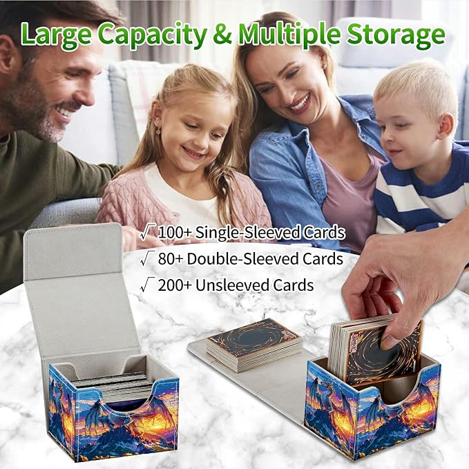 Card Deck Box for MTG, Cards Storage Box Fits 120+ Sleeved, Leather Small Size Strong Magnetic Closing Card Case for Board Games Magic TCG CCG Baseball Collection, Mountain Sunset Dragon