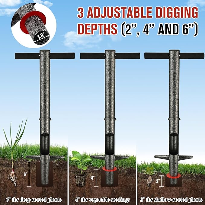 Bulb Planter Tool, 33.5" Long Handle Sod Plugger for Standing Planting, 2"/4"/6" Adjustable Depth Garden Hole Digger, Heavy Duty Auto Eject Lawn Plugger for Flower Bulbs,Grass Plugs,Seedlings