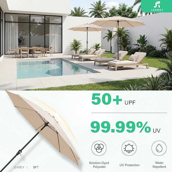 JEAREY 9FT Outdoor Patio Umbrella, Market Table Umbrella with 8 Fiberglass Ribs, Pool Umbrella with Tilt and Crank, UV Protection Lightweight & Wind-Resistant for Lawn, Garden, Deck and Backyard, Beige