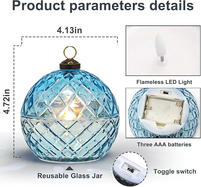 WNP Glass Flameless LED Candles Decorative Light Birthday Gift for Her,Battery Operated Flickering Electric LED Ball Candles,Jar Candle for Home with Glass Cover Gifts for Mom,Sister,Women(Blue)