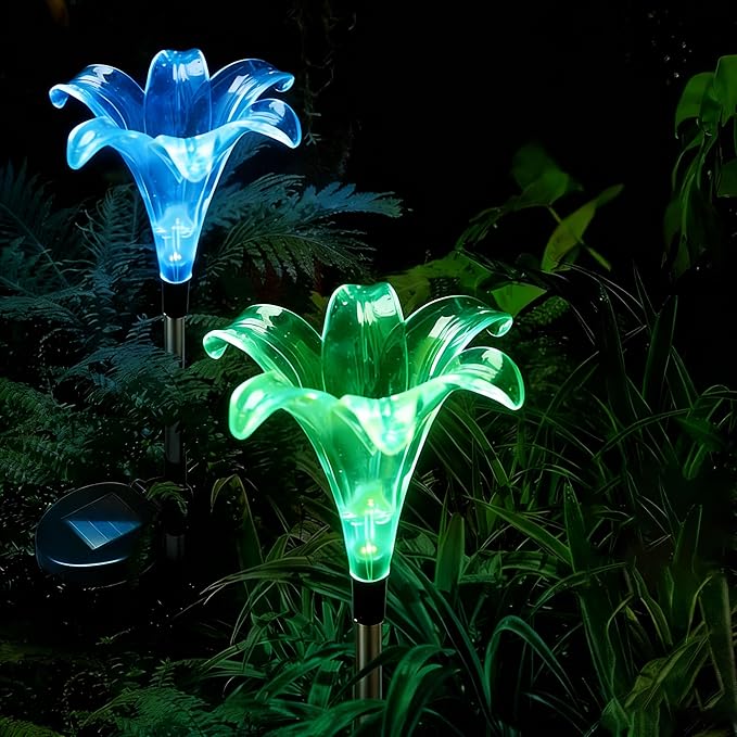 CANDLE CHOICE Solar Powered Landscape LED Lights Outdoor Waterproof Color Changing Garden Stake Lights for Outside Yard Lawn Flower Beds Plant Path Christmas Decorations Figurine Lily 2 Pack