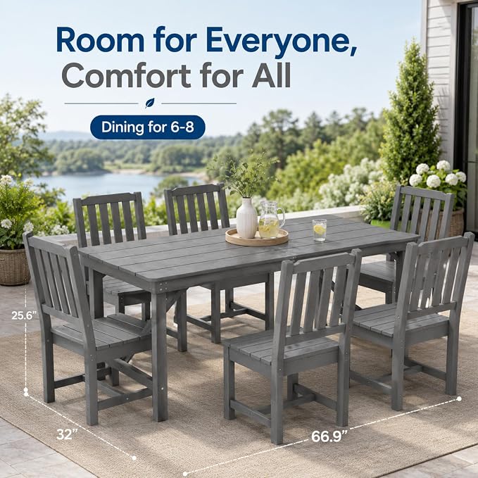 67" Rectangular Outdoor Dining Table, All-Weather HDPE Patio Table for 6-8 Person, Large Composite Wood Furniture with Umbrella Hole for Backyard Deck Garden Poolside, Gray