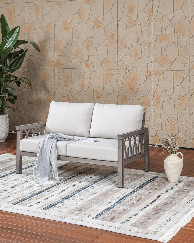 Outdoor Aluminum Loveseat Sofa, 2-Seat Patio Sofa with Thick Cushions, Outdoor Club Sofa Couch, Weather-Resistant Patio Loveseat Furniture for Porch, Garden, Balcony, Limed Oak