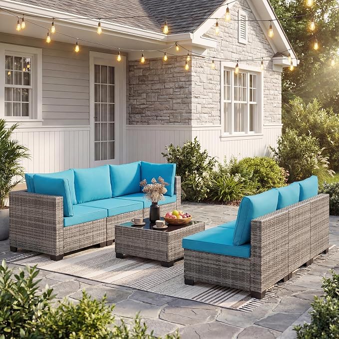 ANJ 7 Piece Outdoor Wicker Patio Furniture Set, Modular Loveseat Sofa with with Glass Top Coffee Table, All-Weather Rattan Conversation Couch Set for Balcony, Backyard, Light Grey Wicker-Turquoise