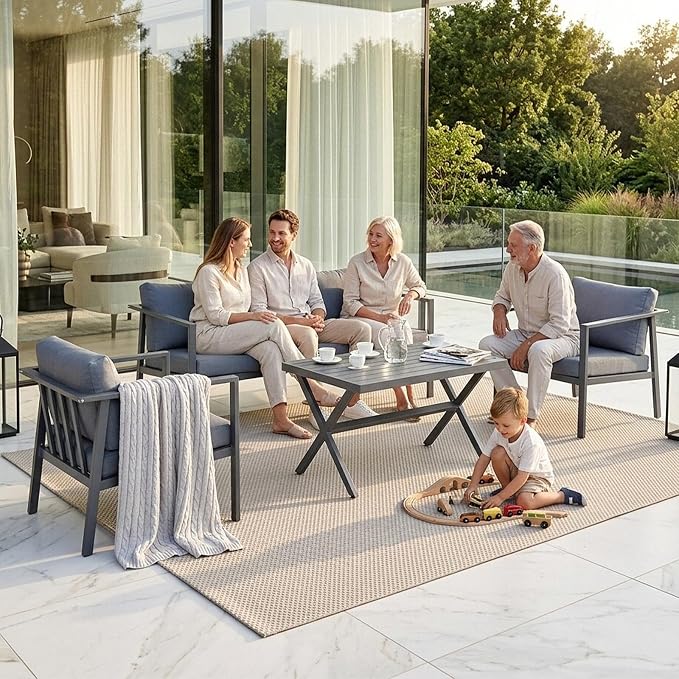 Aug-guan Aluminum Patio Furniture Set 4 Piece, Outdoor Conversation Set with 5" Cushions, Olefin Fabric, Rustproof Frame, Non-Slip Feet, Compact Patio Sofa Set for Balcony, Backyard, Porch,Grey