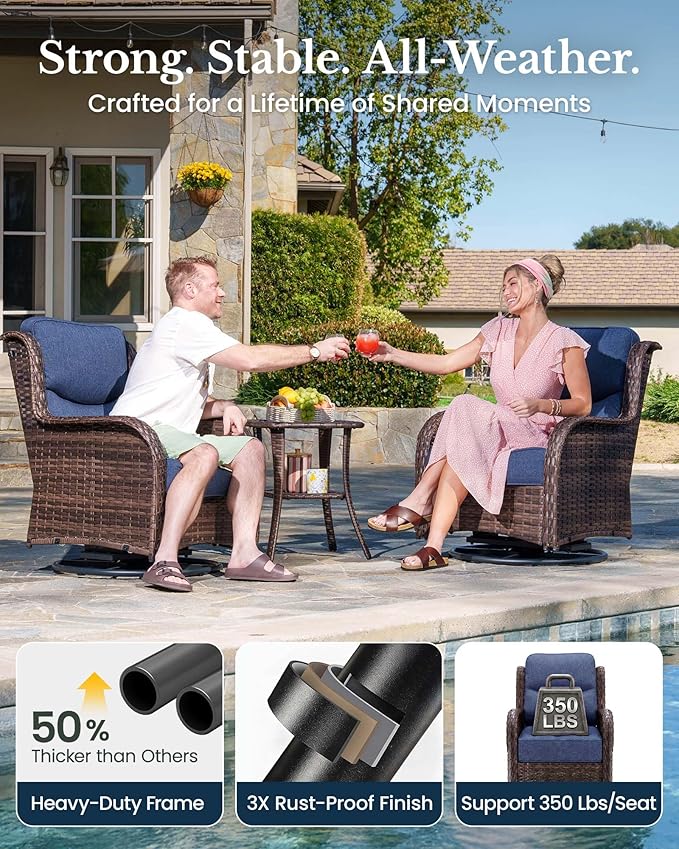 HILLGA Luxury Patio Furniture Set with 6-inch Thick Cushion, Outdoor High Back Swivel Rocker Patio Chairs, 5PCS Wicker Conversation Set for Deck Yard and Poolside, Blue (V2)