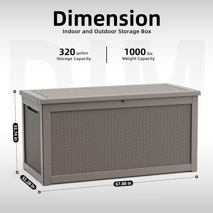 DRATO 320 Gallon Deck Boxes Outdoor Waterproof, Resin Large Lockable Storage Box with Lid, Outdoor Storage Bench Patio Cushions Furniture, Garden Tools, Pool Accessories (Grey, 320 Gallon)