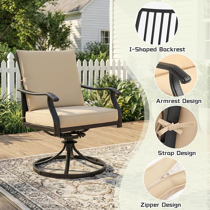 7 Piece Outdoor Patio Dining Set, 62’’ Rectangular Metal Dining Table & 4pcs Metal Dining Chairs & 2pcs Swivel Rocking Chairs , Outdoor Furniture Dining Set for Patio, Balcony, Lawn, Garden, Backyard