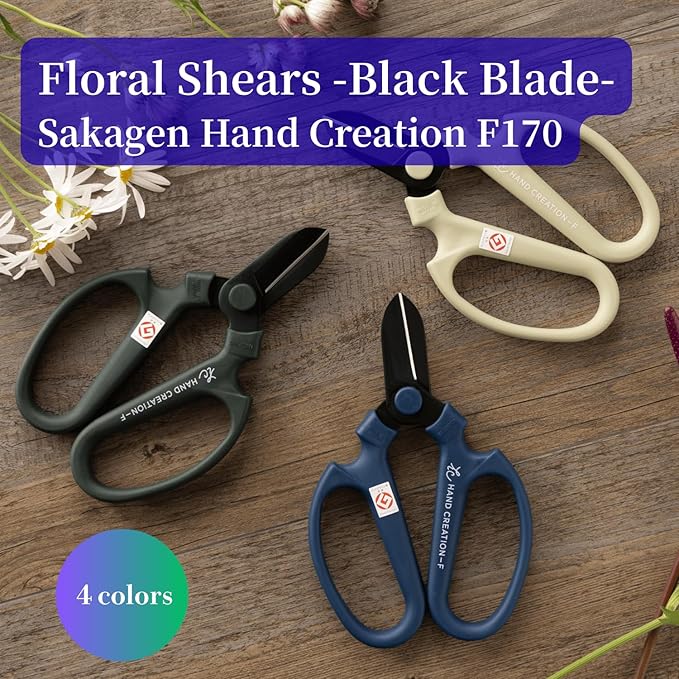 Japanese Floral Scissors Black Blade – SAKAGEN Hand Creation, Premium Fluorine-Coated Anti-Wear Shears, Made in Japan, Flower Shears for Floral Design, ikebana & Gardening, F-170 (Blue)