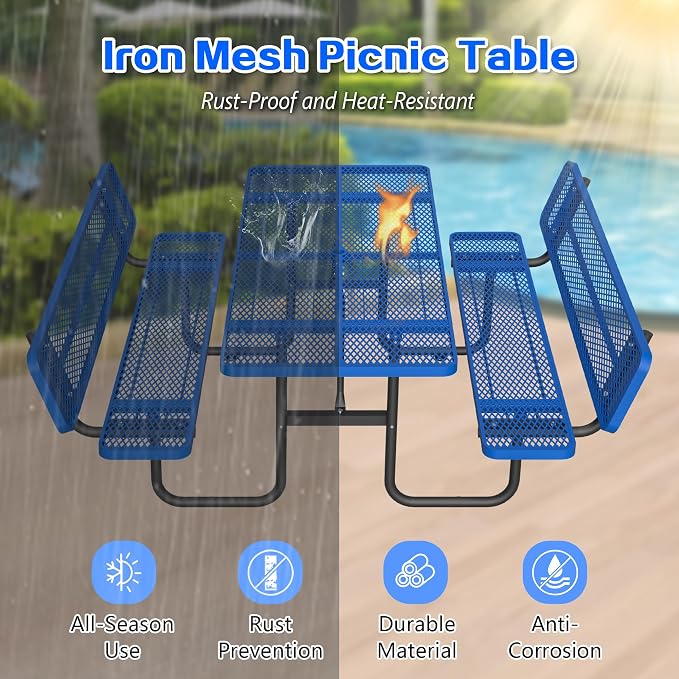 79" Rectangular Metal Picnic Table with Backrest, 1.73" Umbrella Hole, Heavy-Duty Rust & Heat Resistant Steel Mesh Table Set, Smooth Rounded Corner Design for Yard, Park, Beach & BBQ, Blue