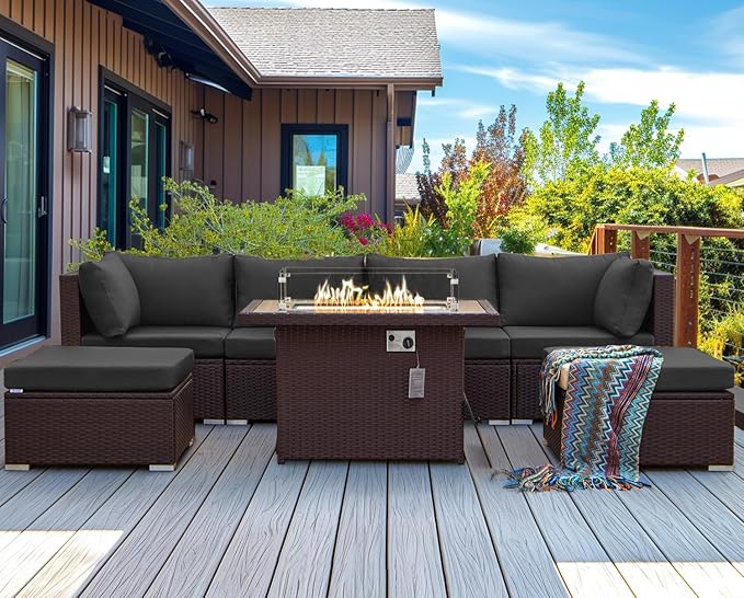 NICESOUL Extra Large Size Patio Furniture Set with Firepit Natural Gas/Propane, 6 Seater Modern Luxury Outdoor Sofa Set, 29.3'' High Backrest Backyard Sitting, Brown Rattan and Dark Grey Cushion