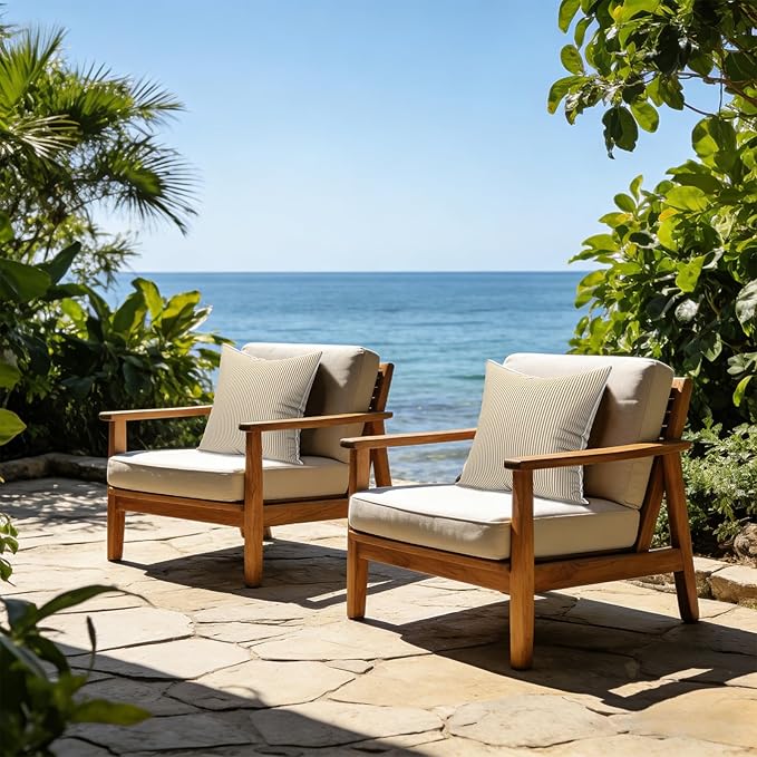 LVTXIII Set of 2 Patio Throw Pillows Waterproof 18"x18" Fade Resistant Outdoor Throw Pillows with Inserts, Fluffy Decorative Garden Toss Pillow Cushions for Home Patio Coach Sofa Use, Strip Beige