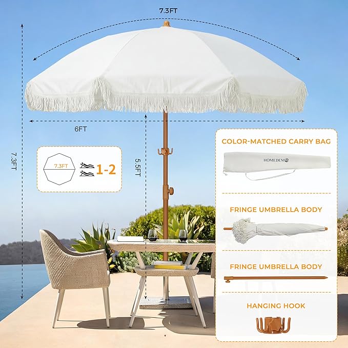 HOMEDEMO Boho Umbrella, Outdoor Umbrella with UPF50+ Sun Protection, Premium Aluminum Pole & Fiberglass Ribs, Includes Hanging Hook