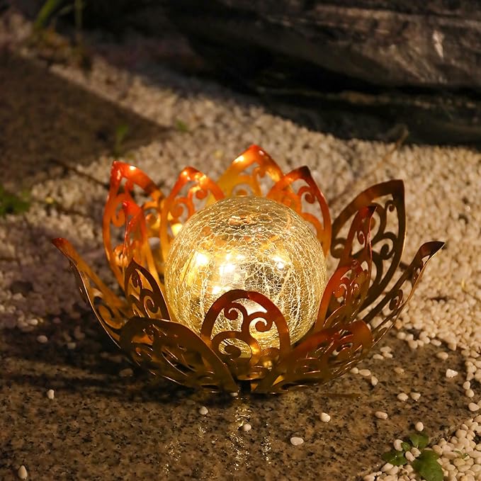 Afirst Solar Lights Outdoor, Lotus Lamp Garden Decor Metal Crackle Glass Solar Lantern Decorative Waterproof Tabletop Landscape Path Light LED Table Light for Patio,Lawn,Walkway,Tabletop,Pathway
