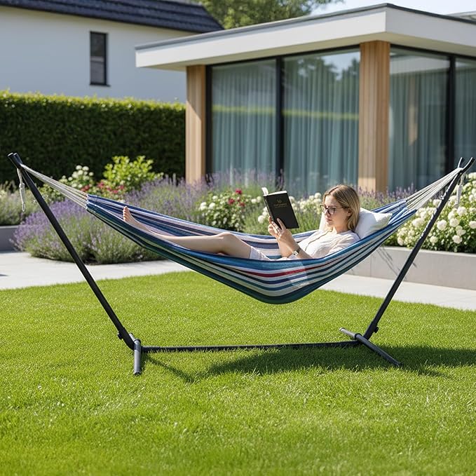 ONCLOUD Double Hammock with Stand 9ft Space Saving Steel Stand Includes Cup Holder,Two Pillows,Portable Carrying Case (Purple Blue)