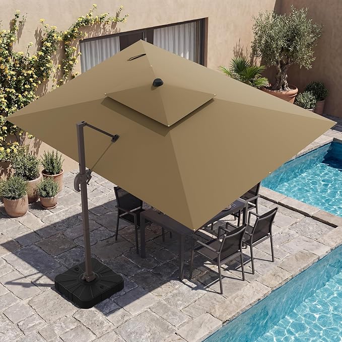 HASLE OUTFITTERS 9x12 FT Patio Cantilever Umbrella with Base, Outdoor Offset Large Rectangular Heavy Duty Double Top Umbrellas with 360° Rotation for Pool Garden Deck，Tan