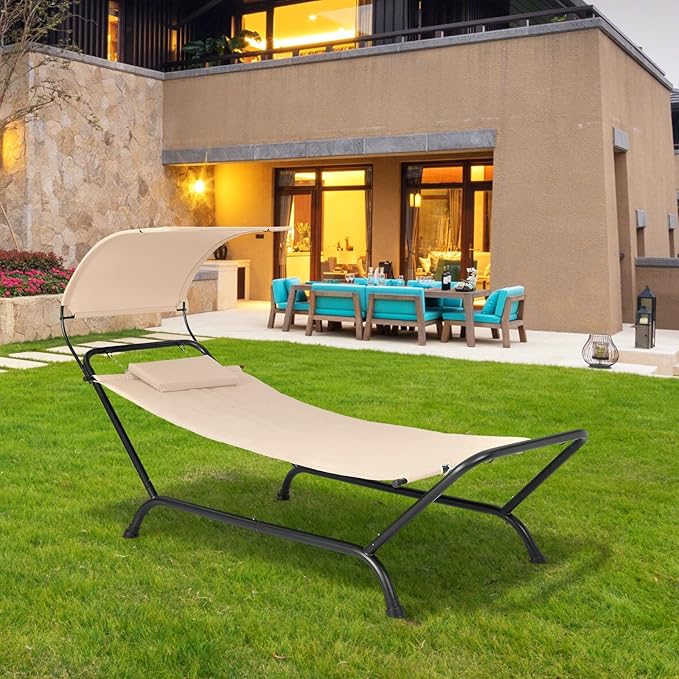 Tangkula Hammock with Stand Included, Heavy Duty Outdoor Hammock with Adjustable Canopy, Rustproof Metal Stand, Pillow, Storage Pocket, Hammock Bed with Stand for Backyard Lawn Poolside (Beige)
